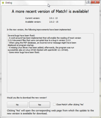 Match! 2のアップデートを知らせるダイアログ