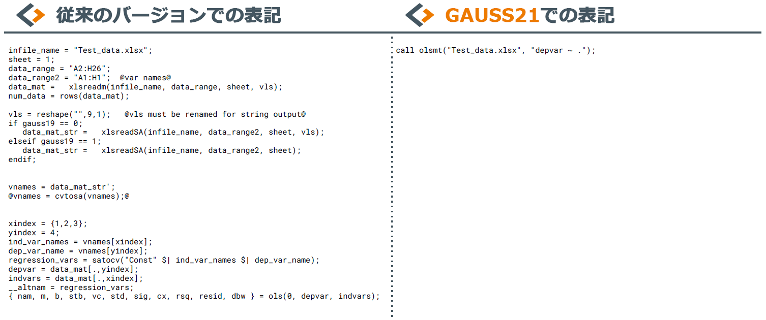 従来のバージョンでは約25行もあった表記が、GAUSS 21ではデータフレーム機能でたった1行に!