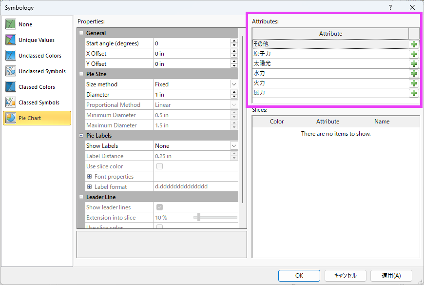 円グラフで表示したい内容を指定