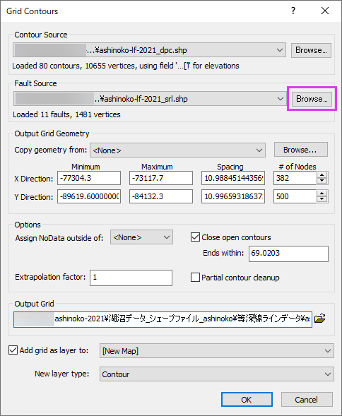 Grid Contoursダイアログでの設定