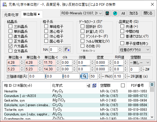 ICDDのPDFデータベースを検索するための画面