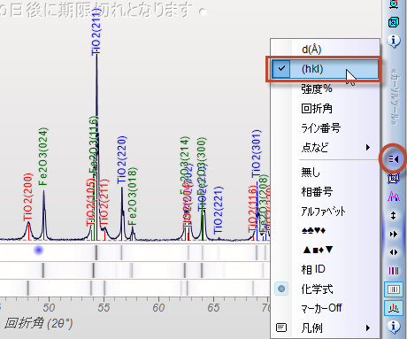ラベルとして「化学式」と「(hkl)」を選択した例