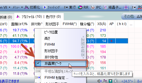 ピーク情報のリストで右クリックメニューを使うことでアモルファスピーク(非晶質ピーク)を指定することも可能